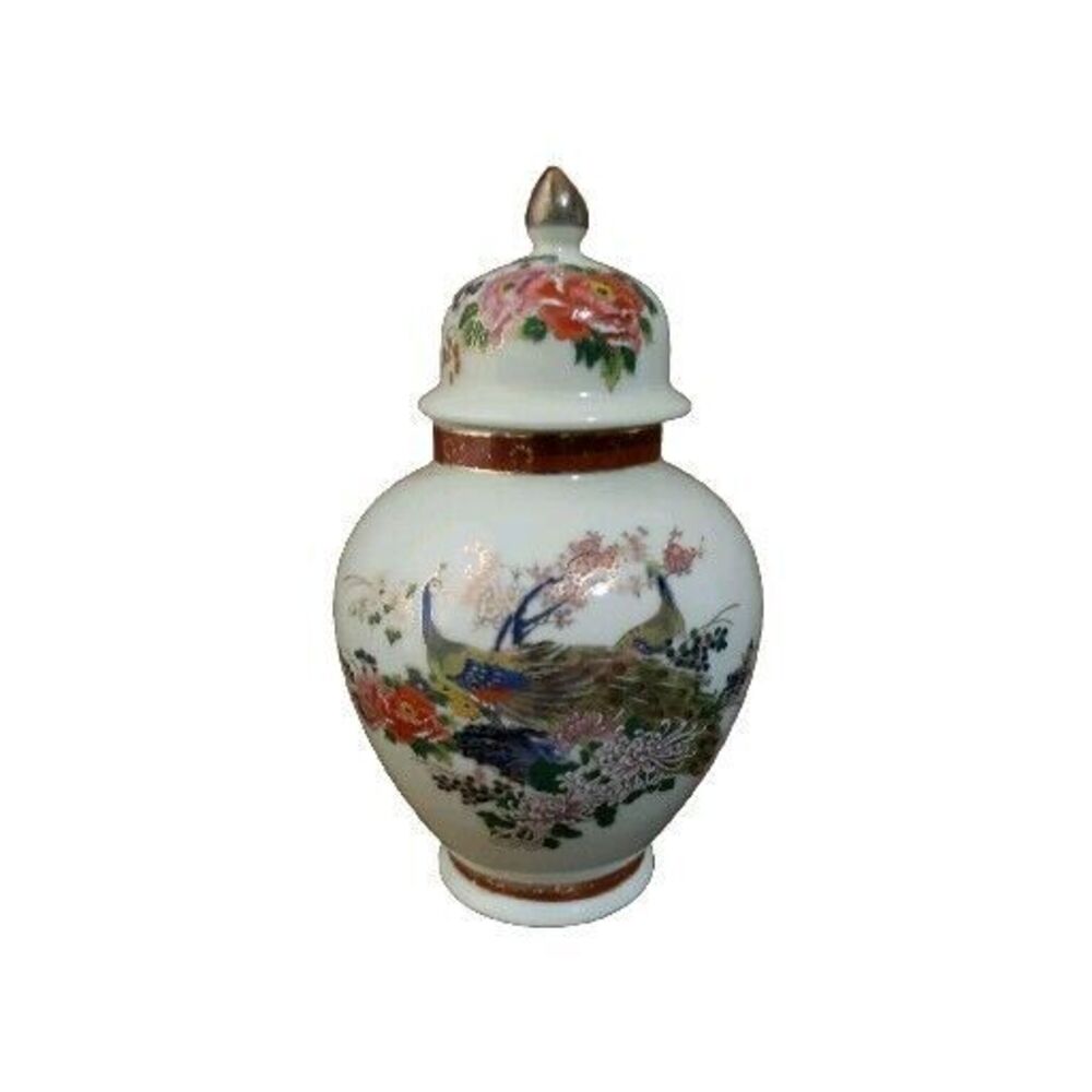 SATSUMA Japan Decorative Lidded Ginger Jar Peacock Floral Design Gold Trim